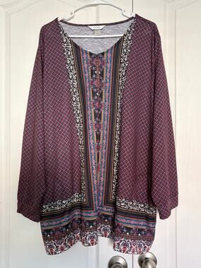 CJ Banks V-Neck Tunic Border Print Jewel Tone Fabric Side Pockets SZ 3X